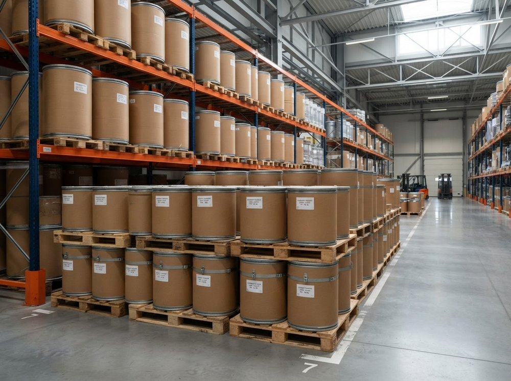 Fiber drums stacked on wooden pallets in a metal powder warehouse