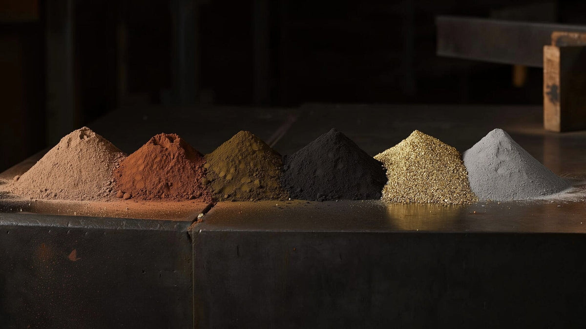 Small heaps of fine copper, bronze, brass, iron and pewter metal powder on a blackened steel bench